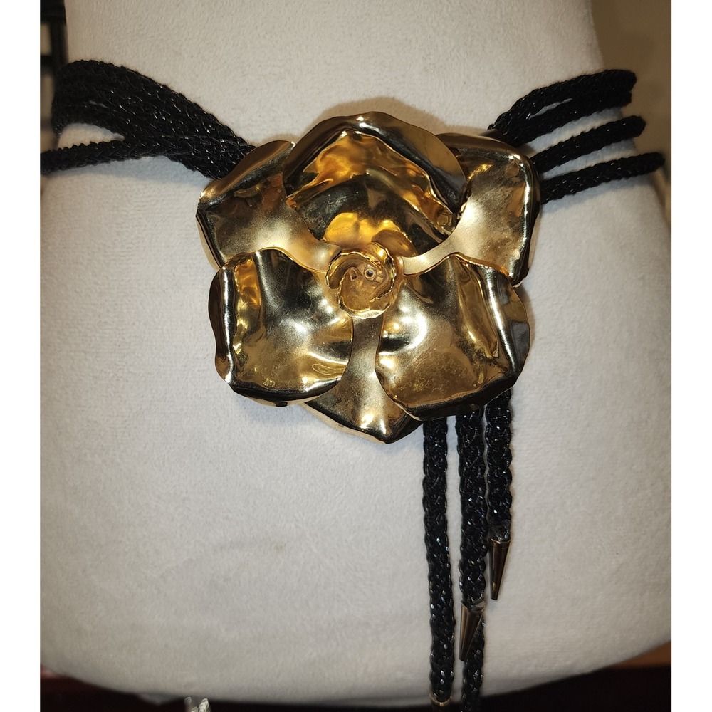 Vintage Gold Tone Rose Belt Black Multi Strand Braided Adjustable Cord Belt